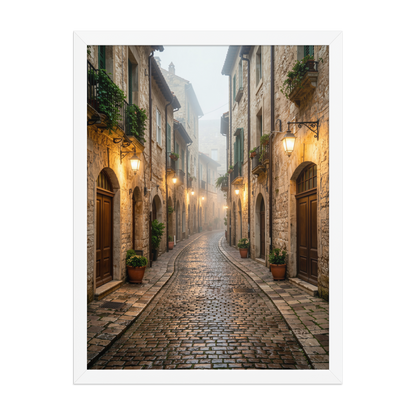 Framed Italian village cobblestone street wall art, warm lanterns foggy alley calm aesthetic poster, black frame, JMTR Jeometry Store