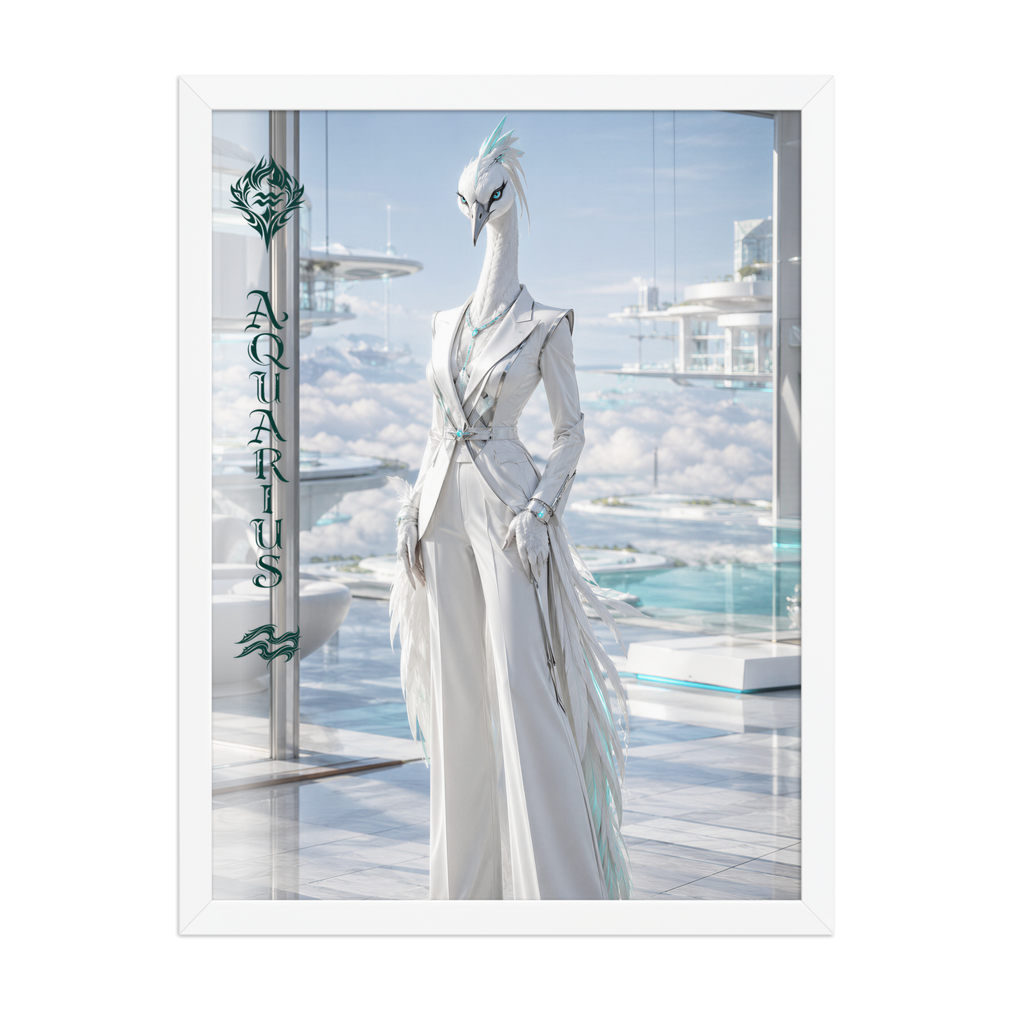 Framed Aquarius woman zodiac poster featuring a white crane standing above the clouds in a futuristic celestial city