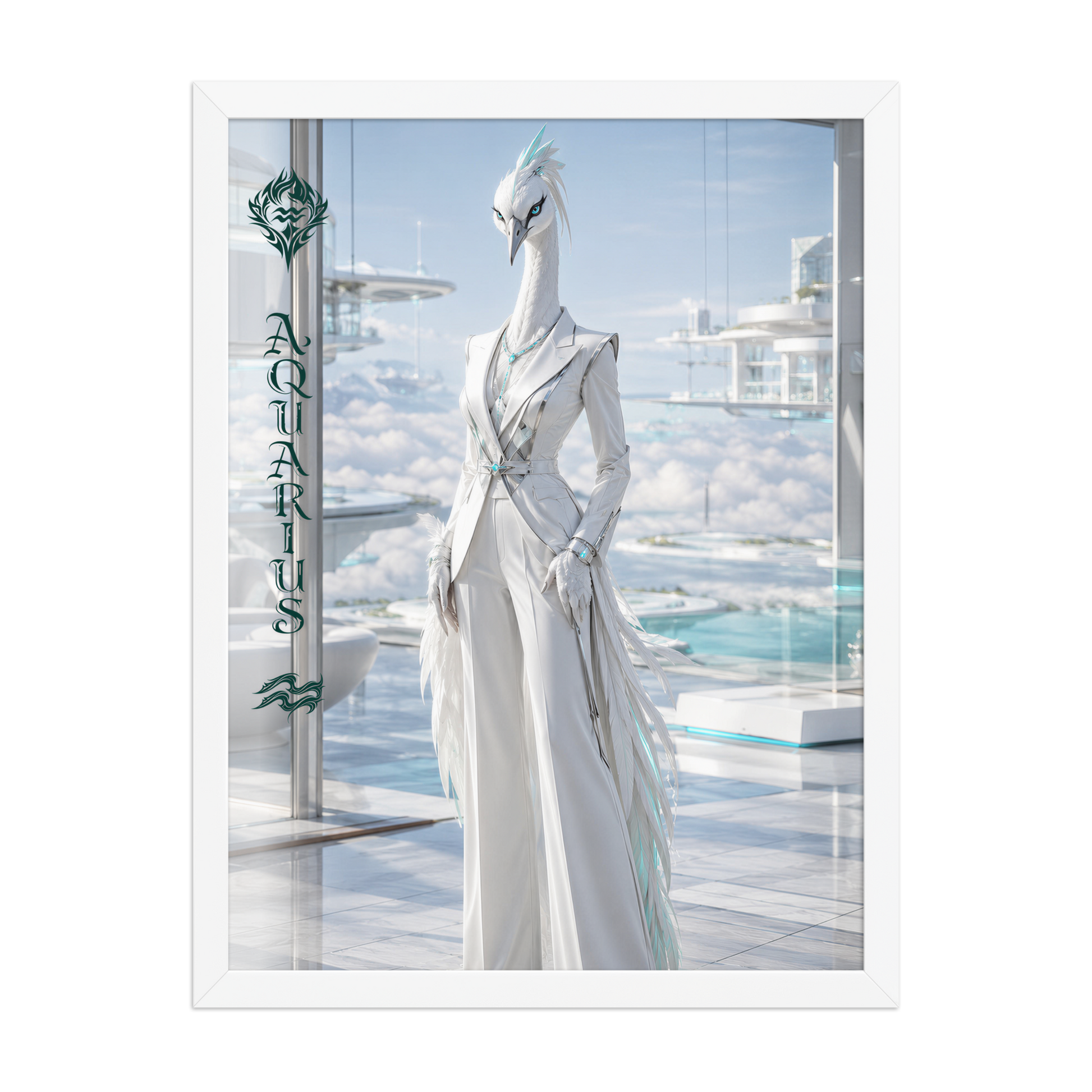 Framed Aquarius woman zodiac poster featuring a white crane standing above the clouds in a futuristic celestial city