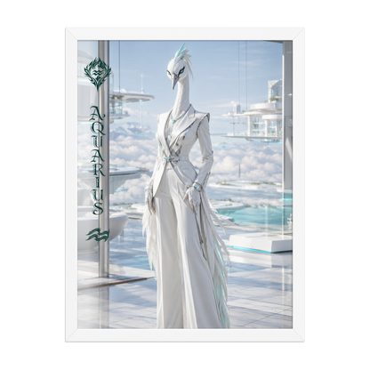 Framed Aquarius woman zodiac poster featuring a white crane standing above the clouds in a futuristic celestial city