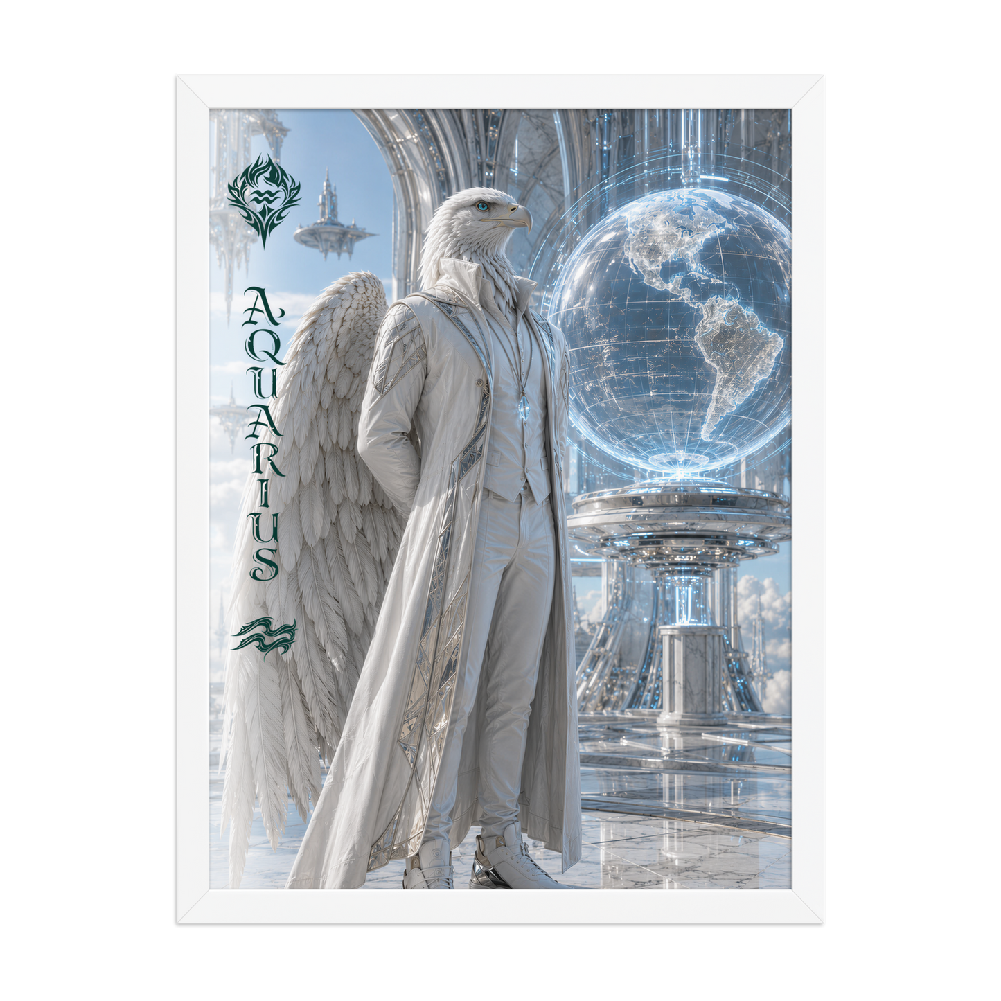 Framed Aquarius man zodiac poster featuring a white eagle standing before a glowing world in a futuristic celestial city
