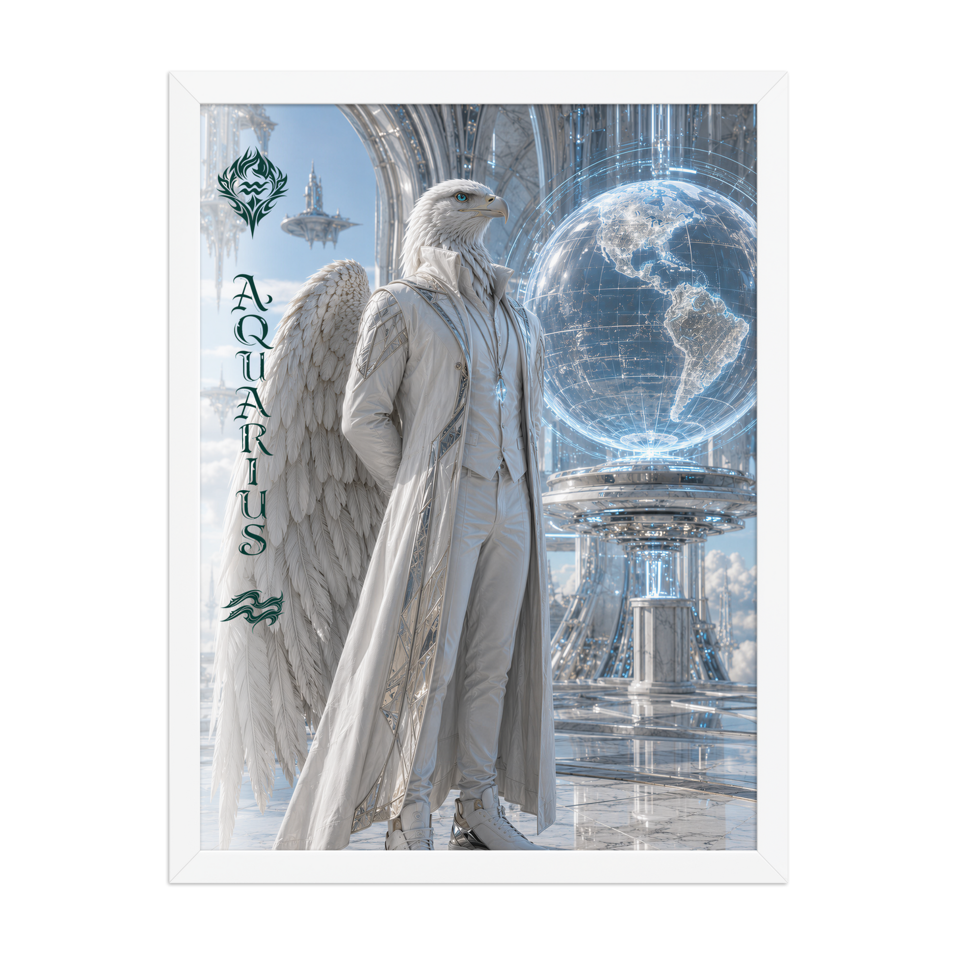 Framed Aquarius man zodiac poster featuring a white eagle standing before a glowing world in a futuristic celestial city