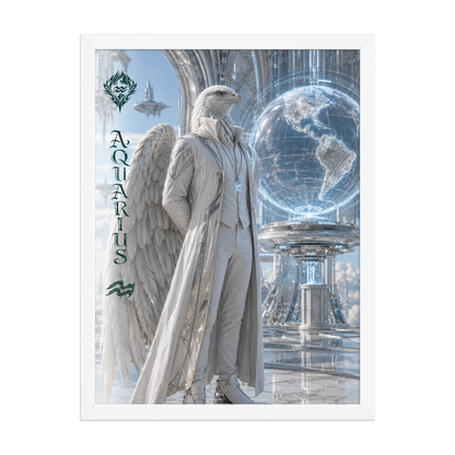Framed Aquarius man zodiac poster featuring a white eagle standing before a glowing world in a futuristic celestial city