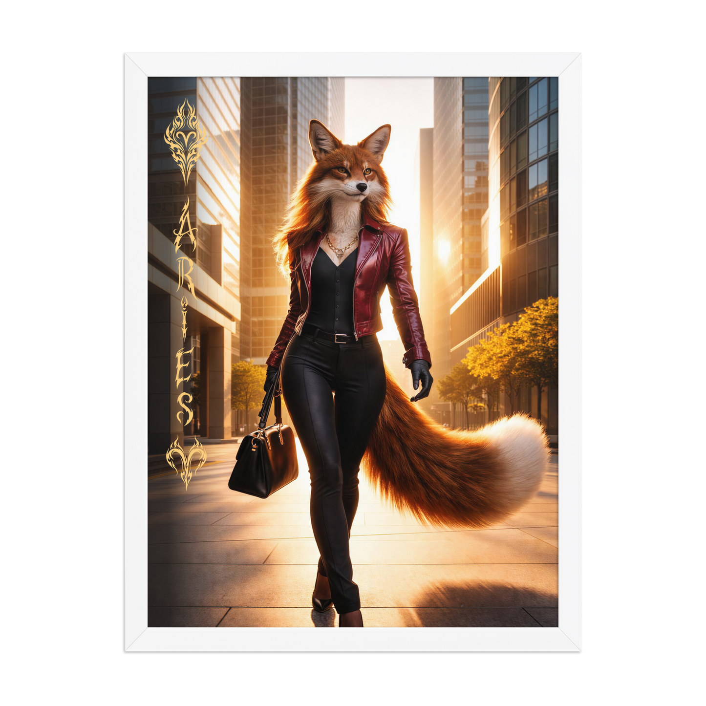 Framed Aries fox woman zodiac poster walking through a modern city at sunset
