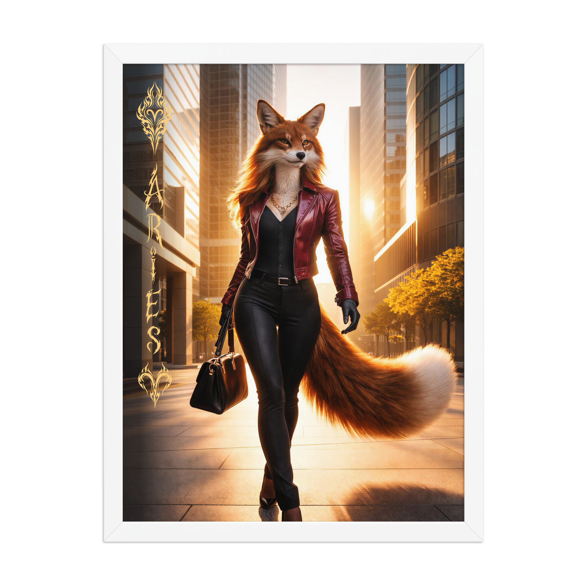 Framed Aries fox woman zodiac poster walking through a modern city at sunset