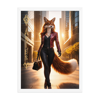 Framed Aries fox woman zodiac poster walking through a modern city at sunset