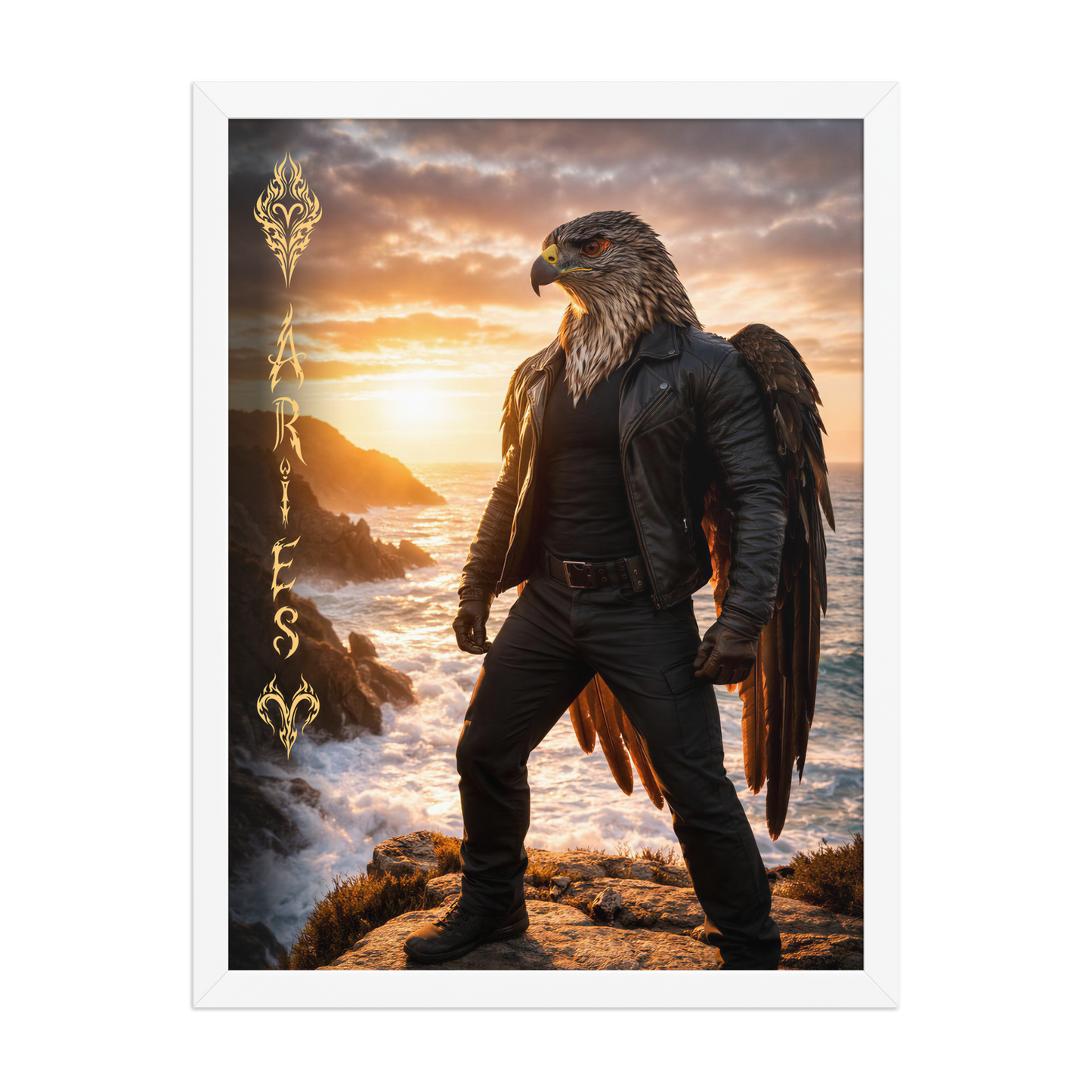 Framed Aries man poster featuring a powerful eagle figure standing above ocean cliffs at sunset, symbolizing strength, courage, and leadership.