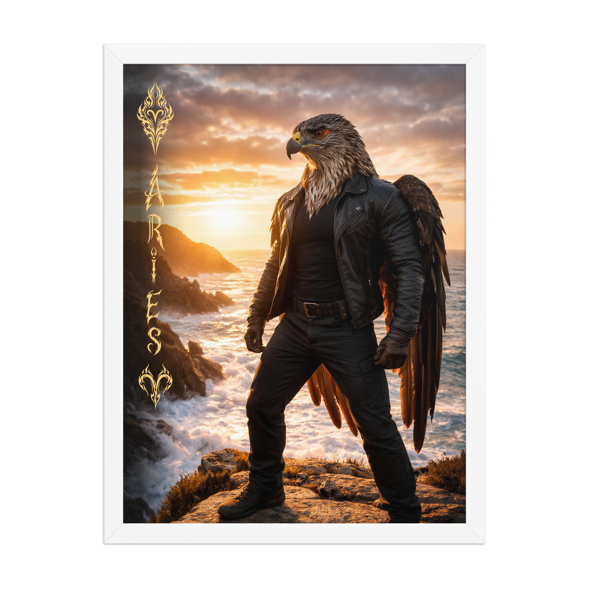 Framed Aries man poster featuring a powerful eagle figure standing above ocean cliffs at sunset, symbolizing strength, courage, and leadership.