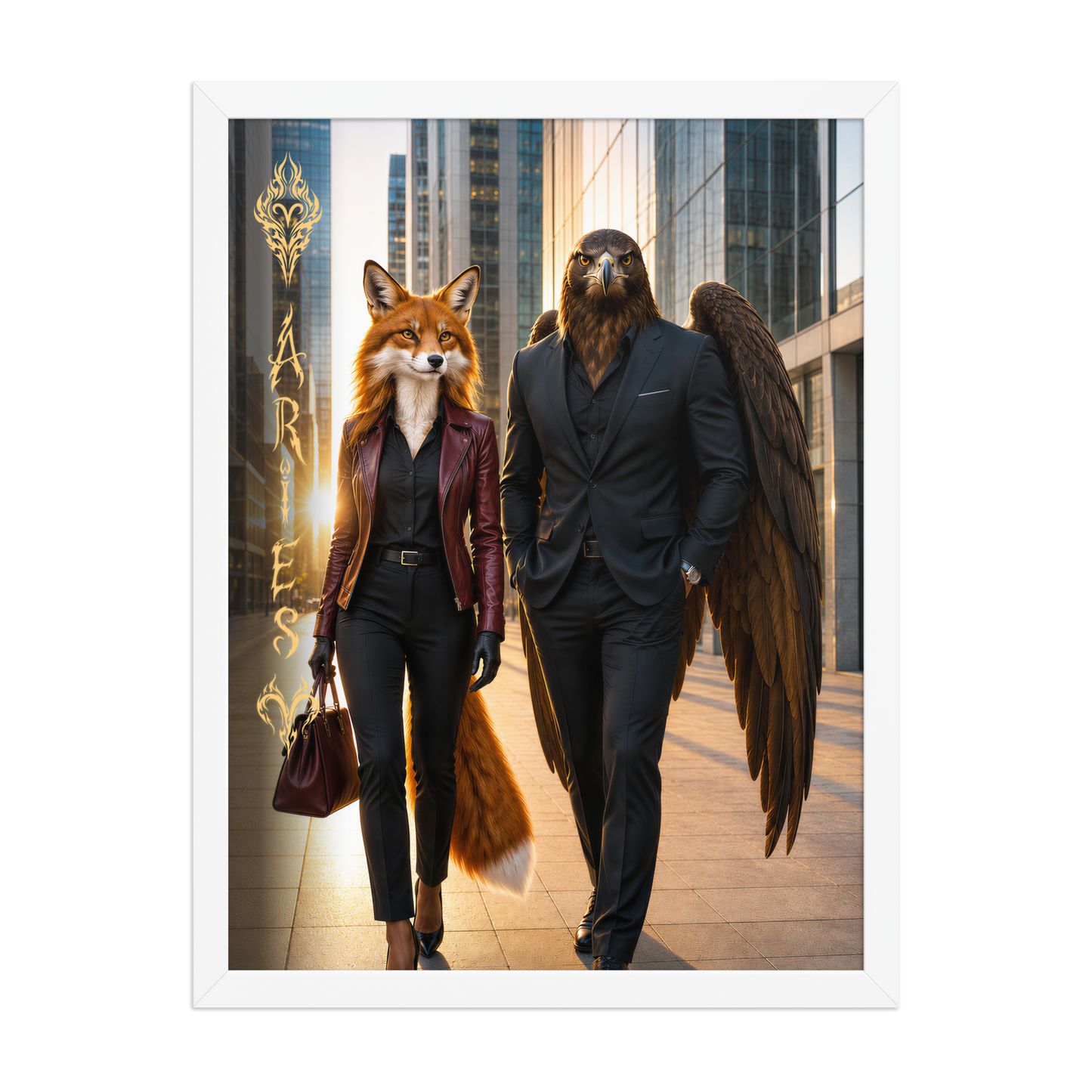 Framed Aries power couple poster featuring eagle and fox archetypes walking through a modern city, symbolizing strength, ambition, and partnership.