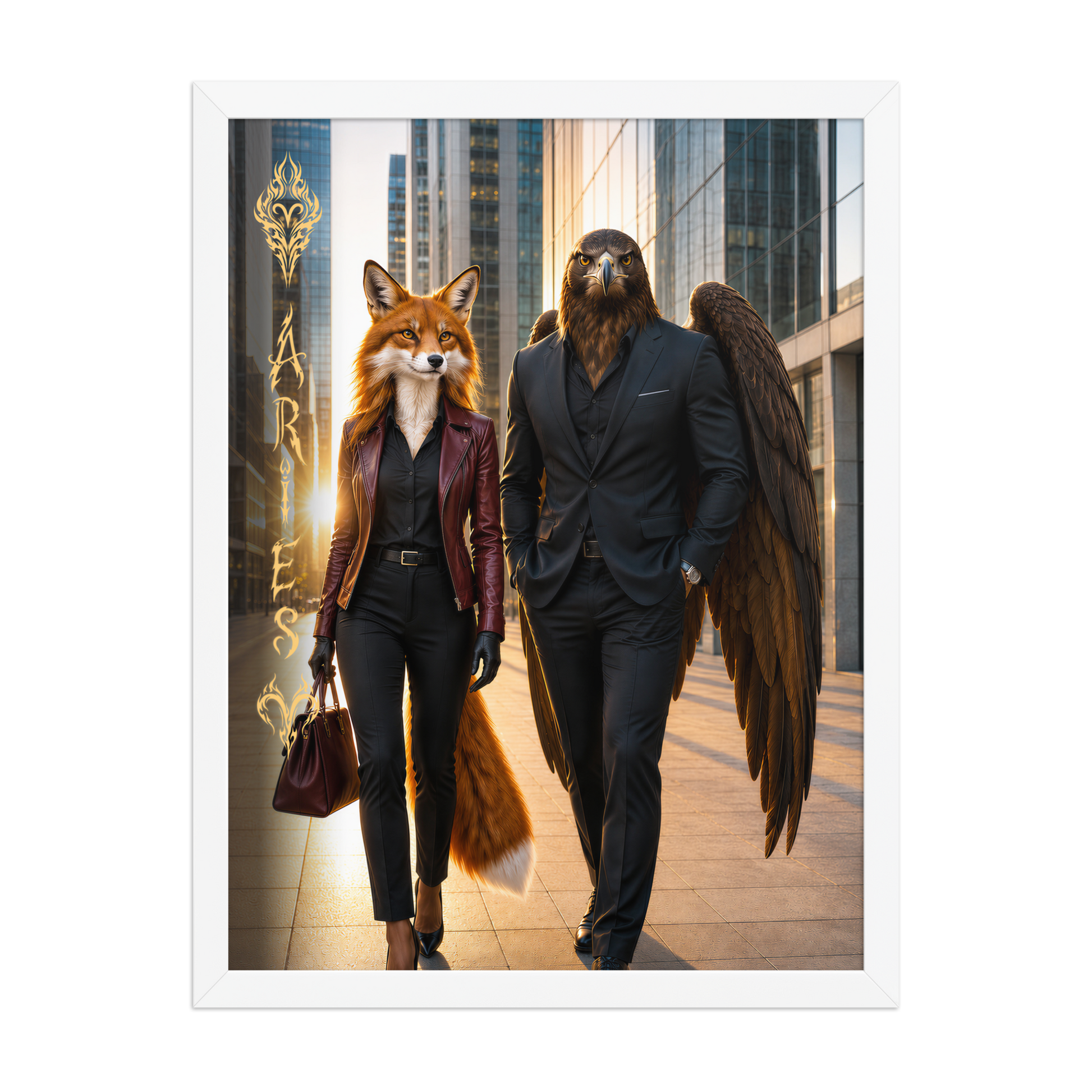 Framed Aries power couple poster featuring eagle and fox archetypes walking through a modern city, symbolizing strength, ambition, and partnership.