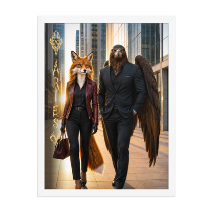 Framed Aries power couple poster featuring eagle and fox archetypes walking through a modern city, symbolizing strength, ambition, and partnership.