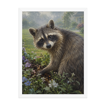 Garden Raccoon Curiosity Framed Poster