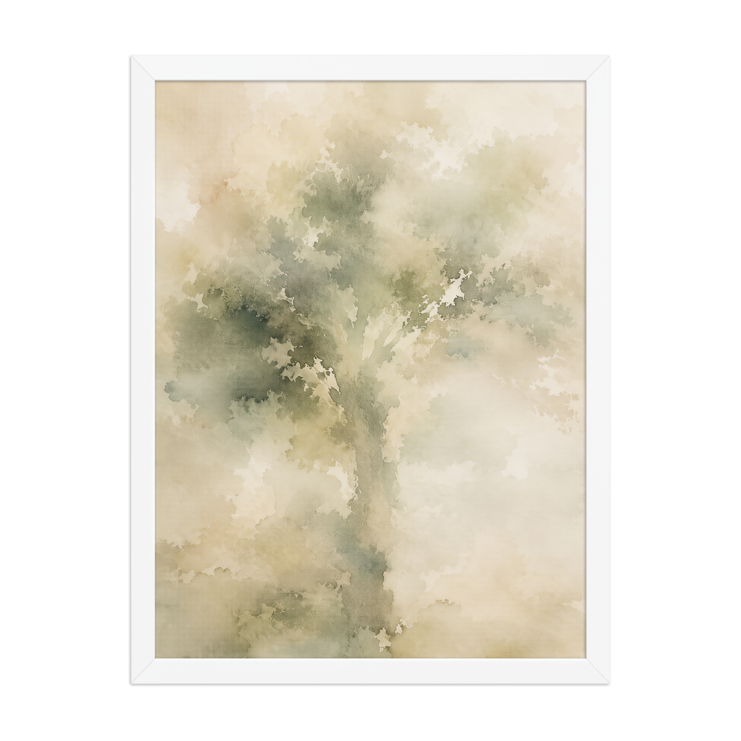 Framed minimalist nature poster featuring a softly emerging tree form in muted green and warm neutral tones.