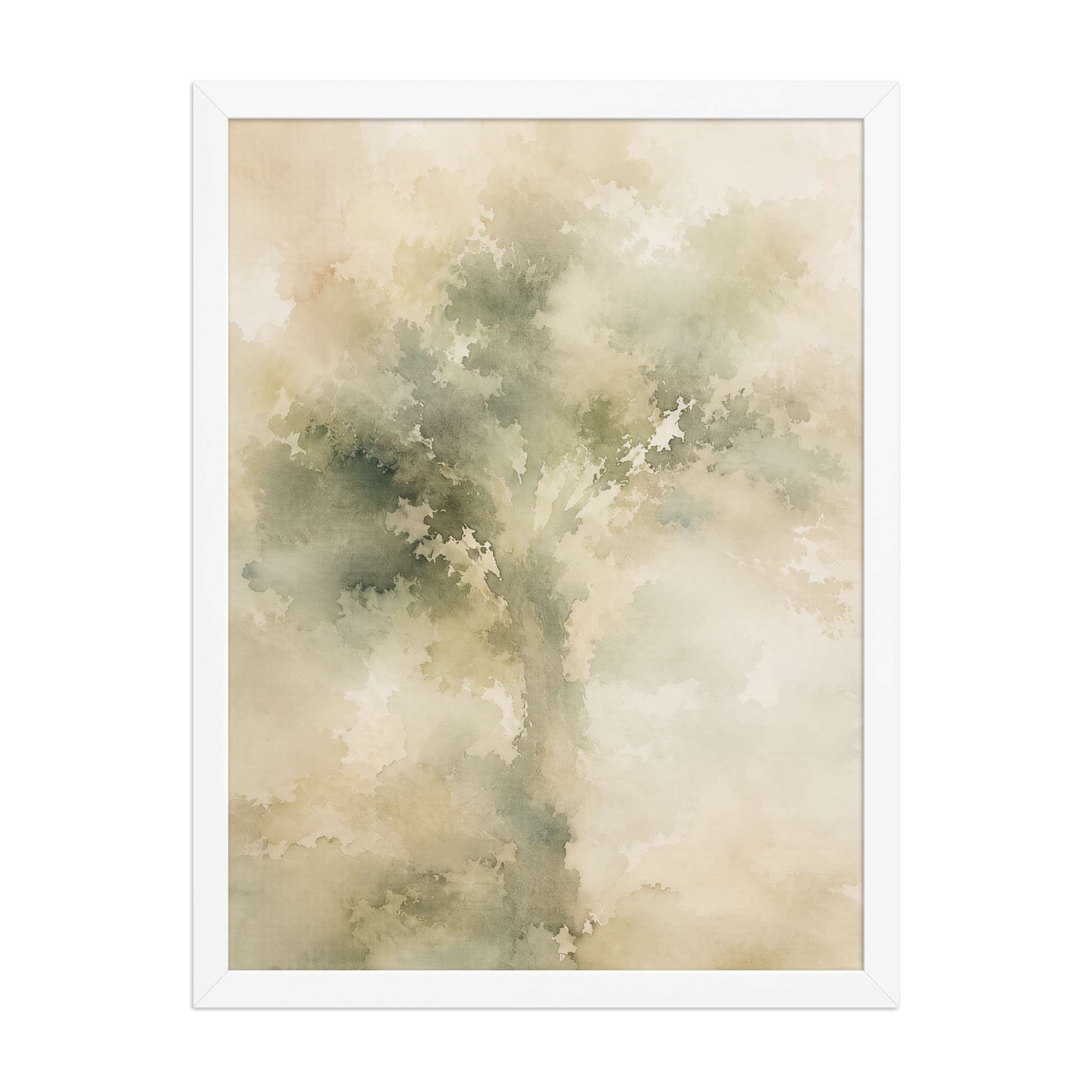 Framed minimalist nature poster featuring a softly emerging tree form in muted green and warm neutral tones.