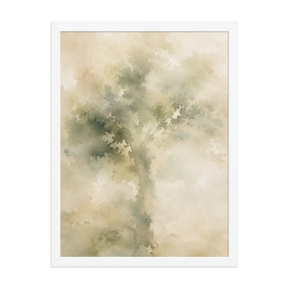 Framed minimalist nature poster featuring a softly emerging tree form in muted green and warm neutral tones.