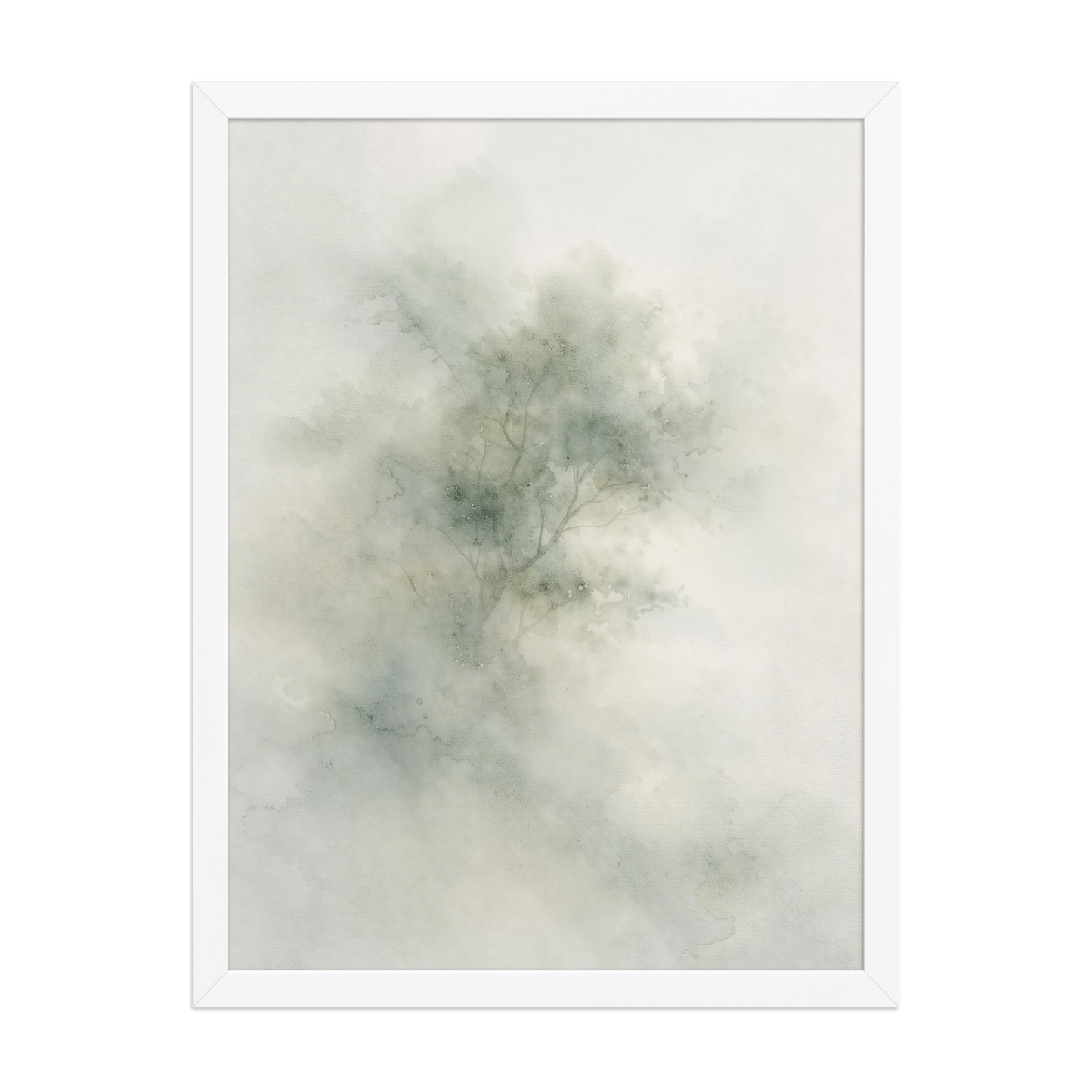Framed minimalist watercolor-inspired artwork with a softly emerging tree form and subtle neutral tones.