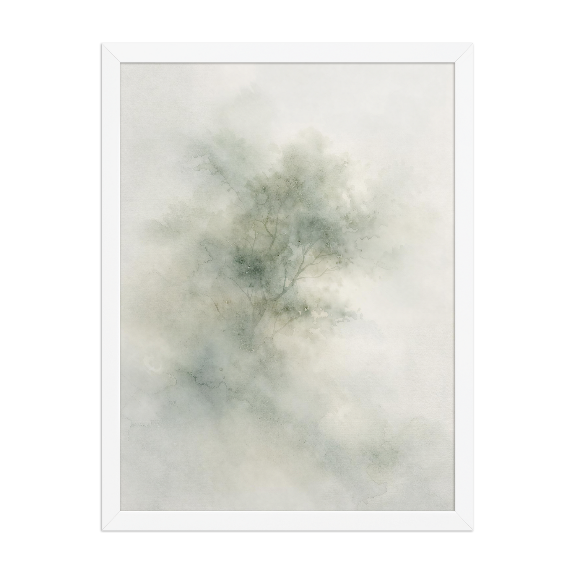 Framed minimalist watercolor-inspired artwork with a softly emerging tree form and subtle neutral tones.