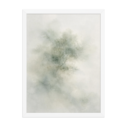 Framed minimalist watercolor-inspired artwork with a softly emerging tree form and subtle neutral tones.