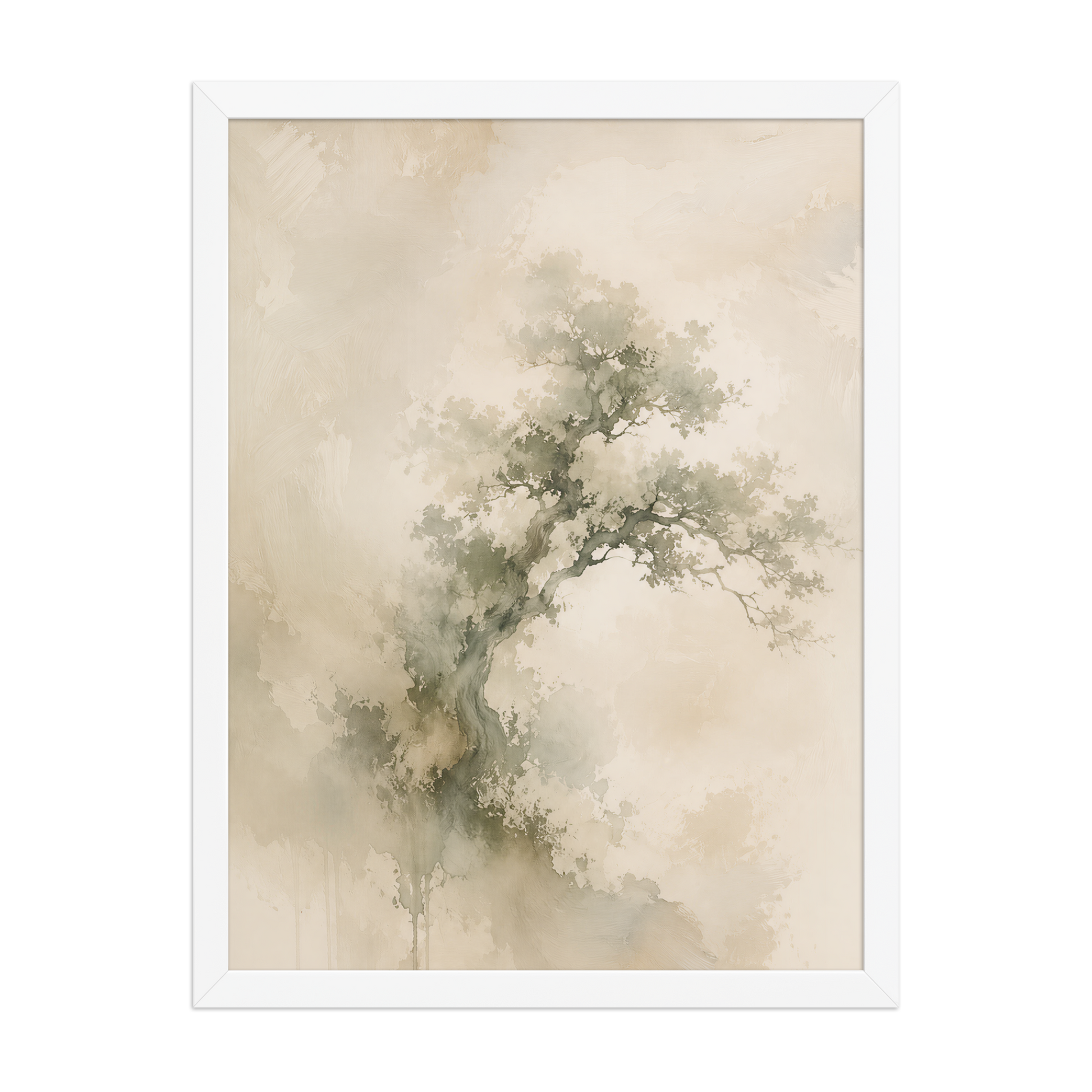 Framed minimalist nature-inspired poster featuring an emerging tree form in soft earthy neutral tones.