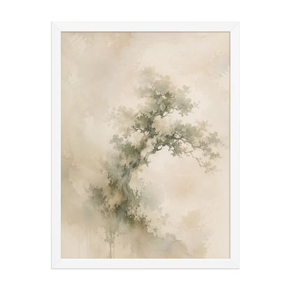 Framed minimalist nature-inspired poster featuring an emerging tree form in soft earthy neutral tones.
