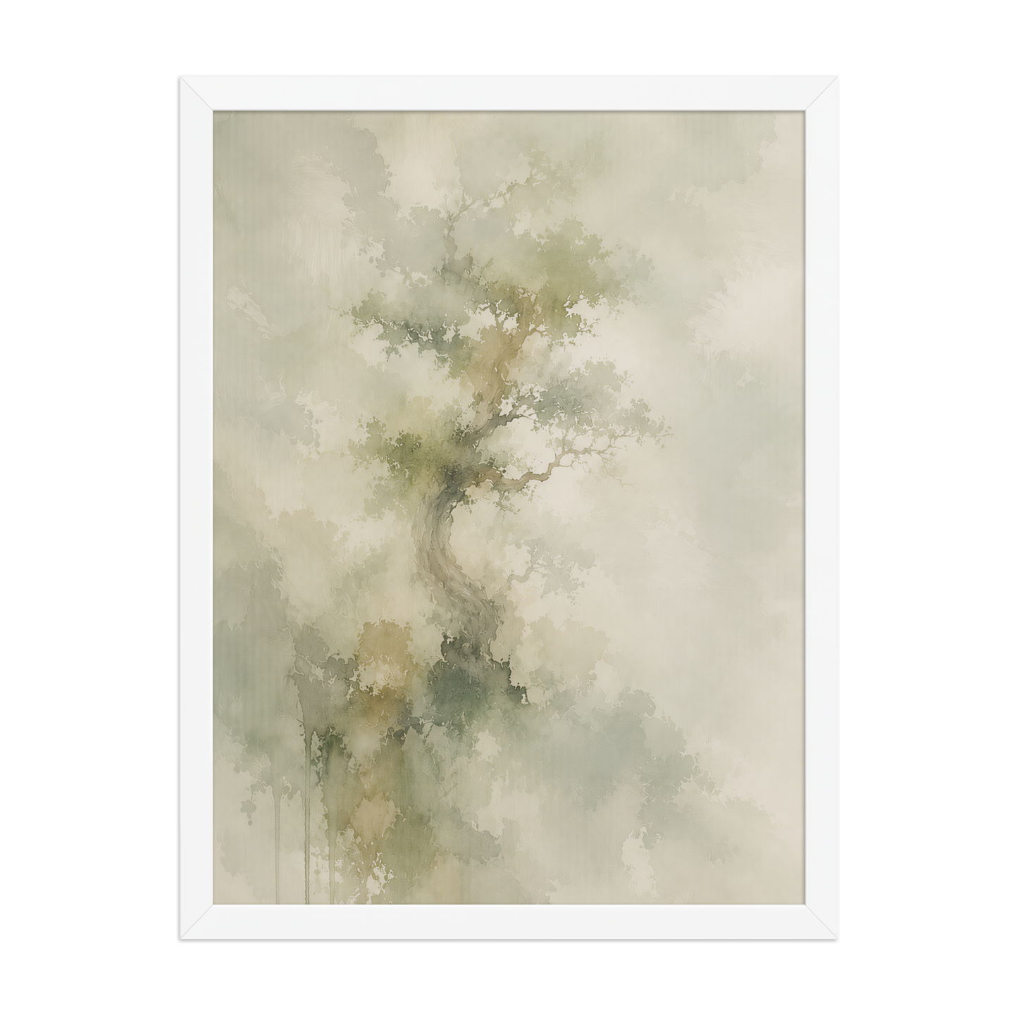 Framed minimalist nature-inspired poster featuring a softly emerging tree form in muted neutral tones and organic watercolor textures.