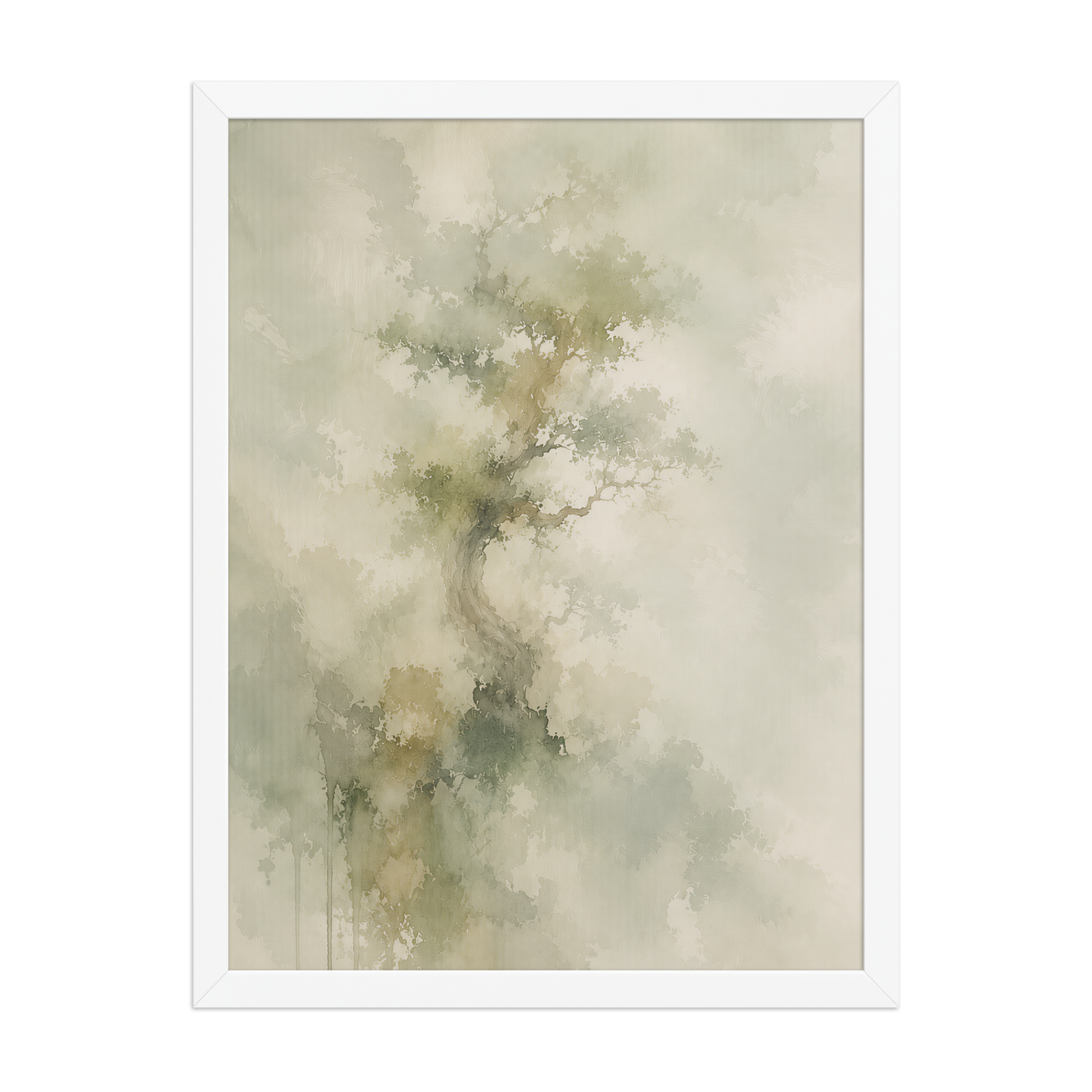 Framed minimalist nature-inspired poster featuring a softly emerging tree form in muted neutral tones and organic watercolor textures.