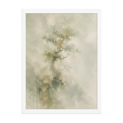 Framed minimalist nature-inspired poster featuring a softly emerging tree form in muted neutral tones and organic watercolor textures.