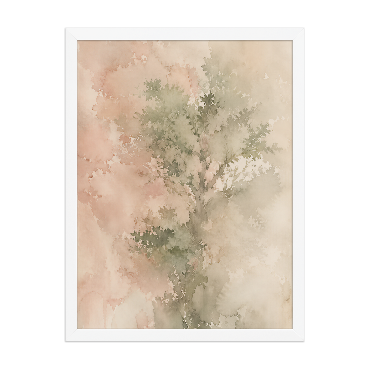 Framed minimalist nature-inspired poster featuring a softly emerging tree form in blush, sage, and warm neutral tones.