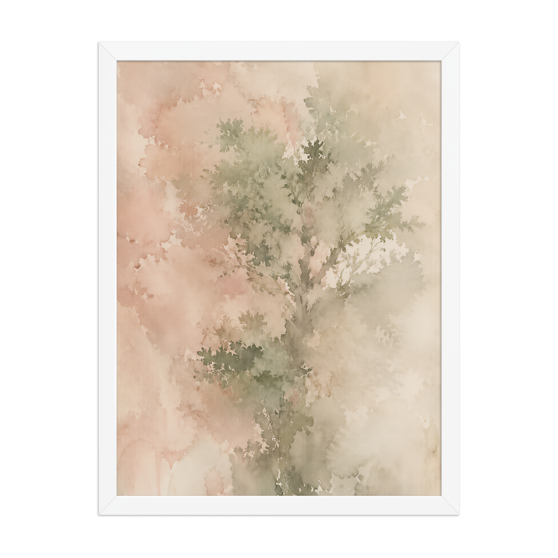 Framed minimalist nature-inspired poster featuring a softly emerging tree form in blush, sage, and warm neutral tones.