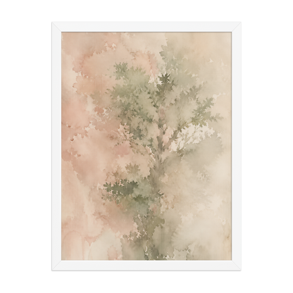 Framed minimalist nature-inspired poster featuring a softly emerging tree form in blush, sage, and warm neutral tones.