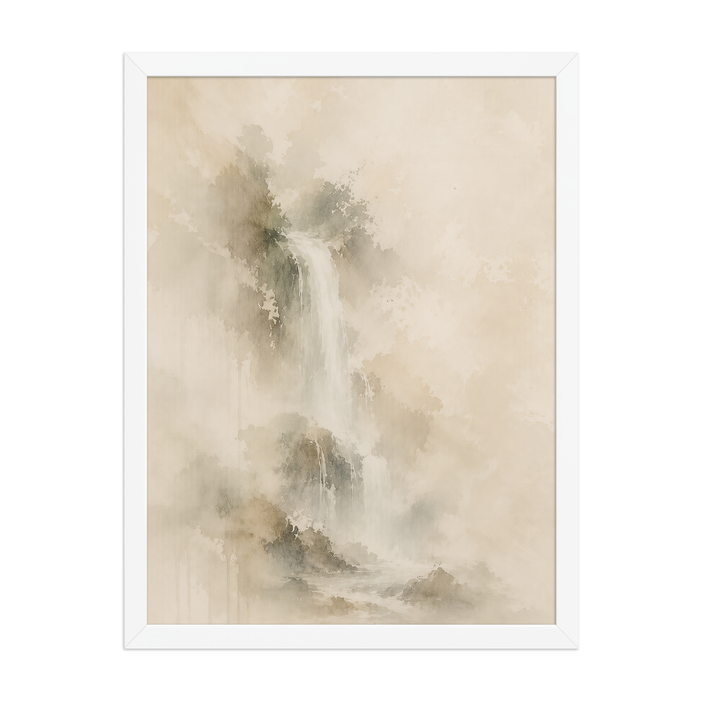 Framed waterfall-inspired poster featuring soft flowing forms in warm neutral and muted earth tones.
