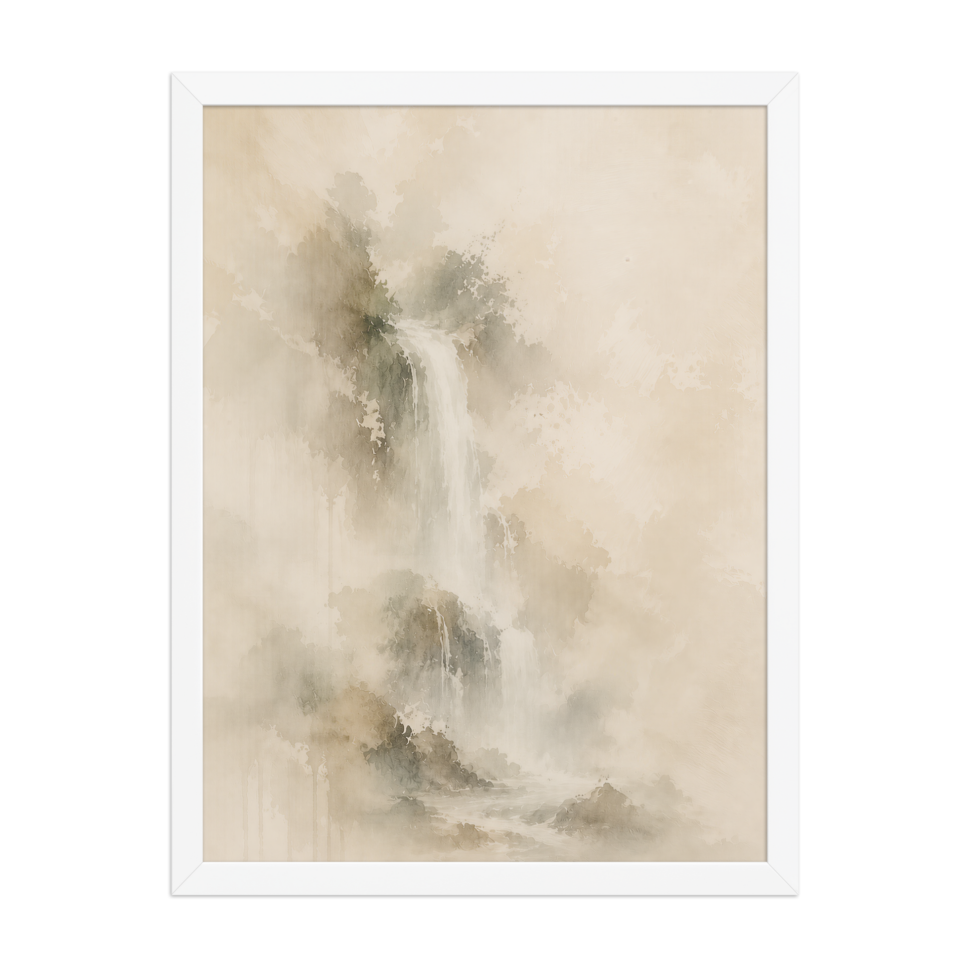 Framed waterfall-inspired poster featuring soft flowing forms in warm neutral and muted earth tones.