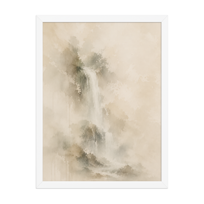 Framed waterfall-inspired poster featuring soft flowing forms in warm neutral and muted earth tones.