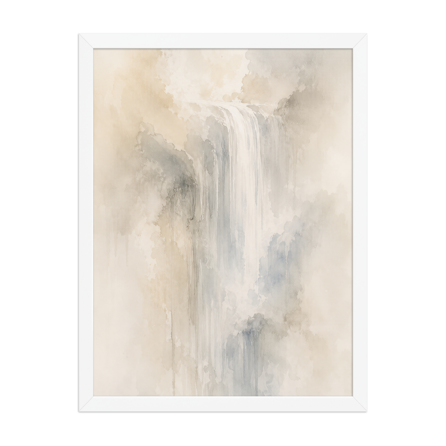 Framed waterfall-inspired poster with soft flowing forms in warm neutrals, misty blues, and subtle organic textures.