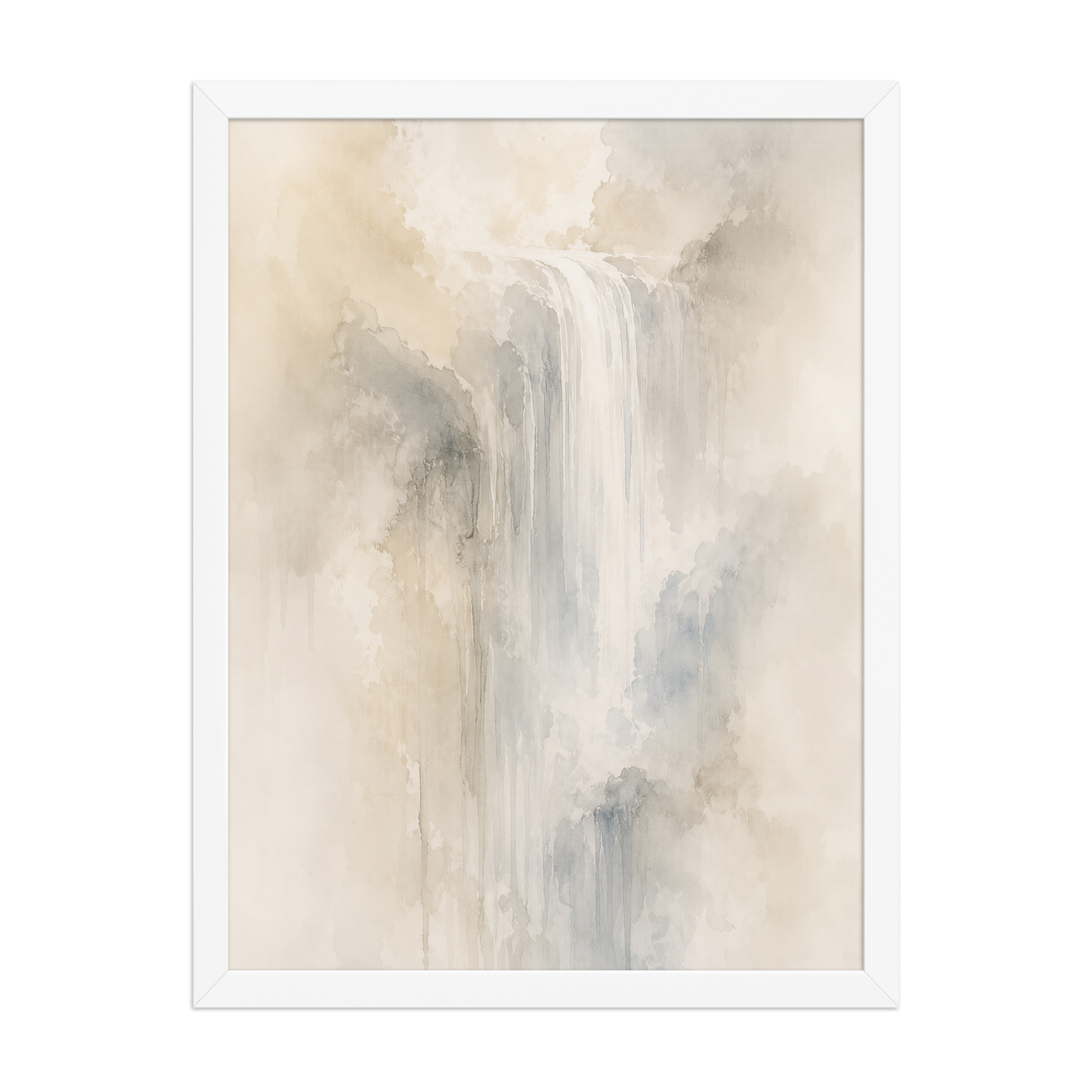 Framed waterfall-inspired poster with soft flowing forms in warm neutrals, misty blues, and subtle organic textures.