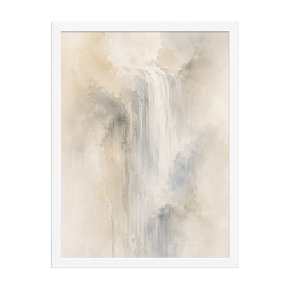 Framed waterfall-inspired poster with soft flowing forms in warm neutrals, misty blues, and subtle organic textures.