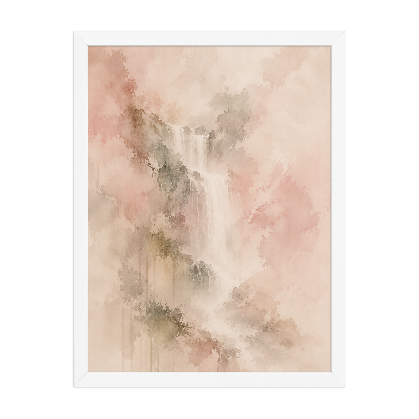 Framed waterfall-inspired poster featuring soft flowing forms in blush, warm neutral, and muted earth tones.