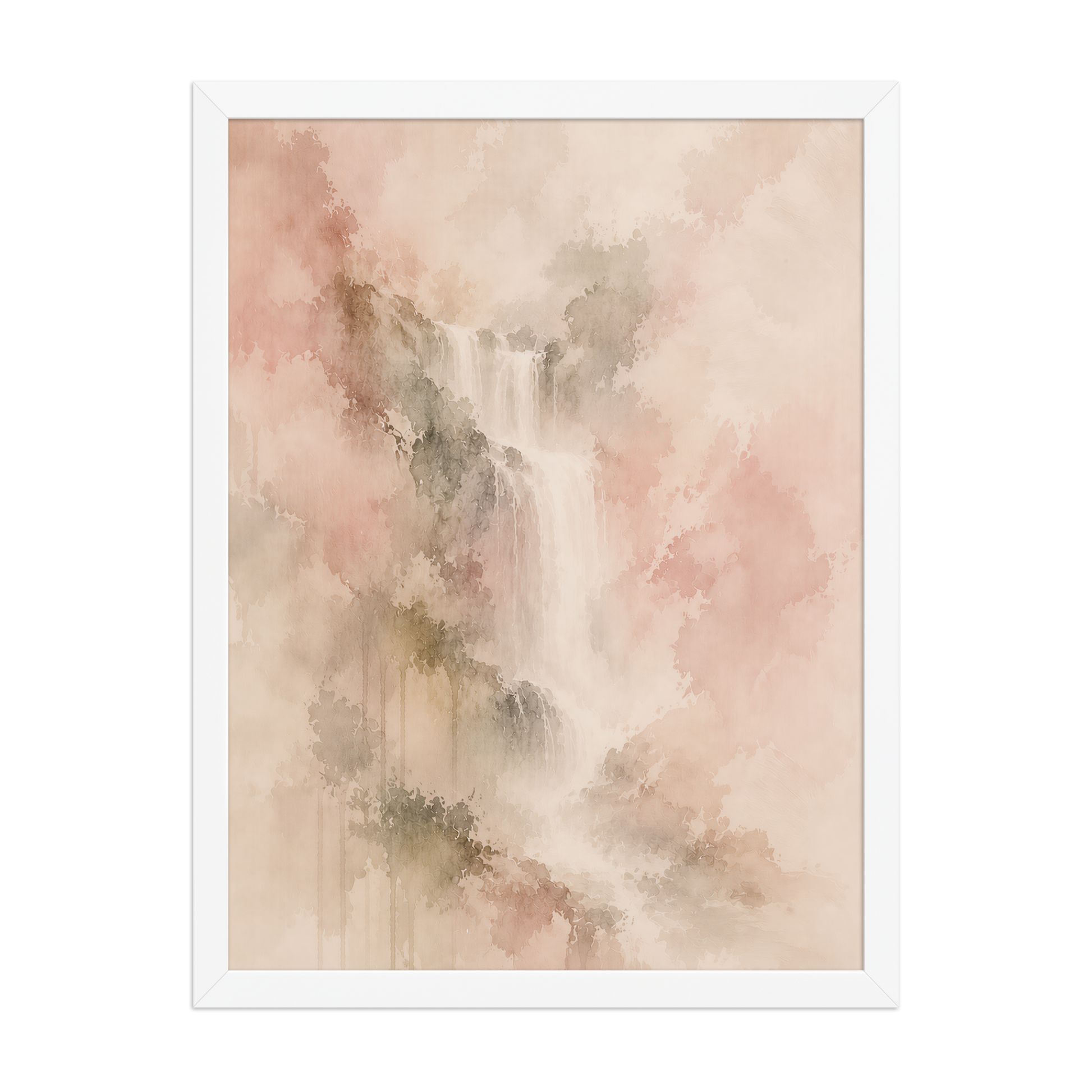 Framed waterfall-inspired poster featuring soft flowing forms in blush, warm neutral, and muted earth tones.