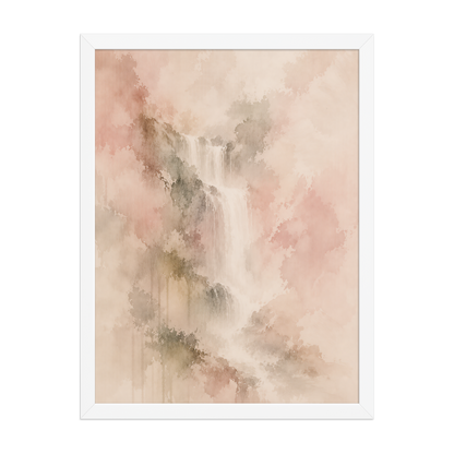 Framed waterfall-inspired poster featuring soft flowing forms in blush, warm neutral, and muted earth tones.