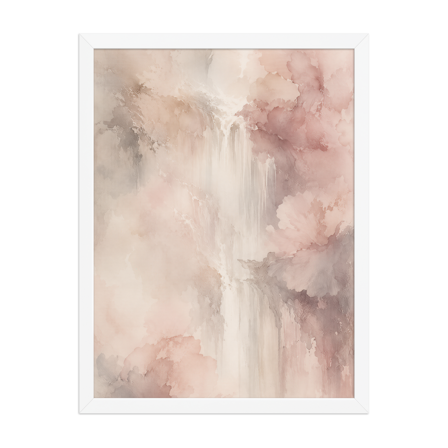 Framed waterfall-inspired poster featuring soft flowing forms in blush pink, warm neutrals, and muted earth tones.