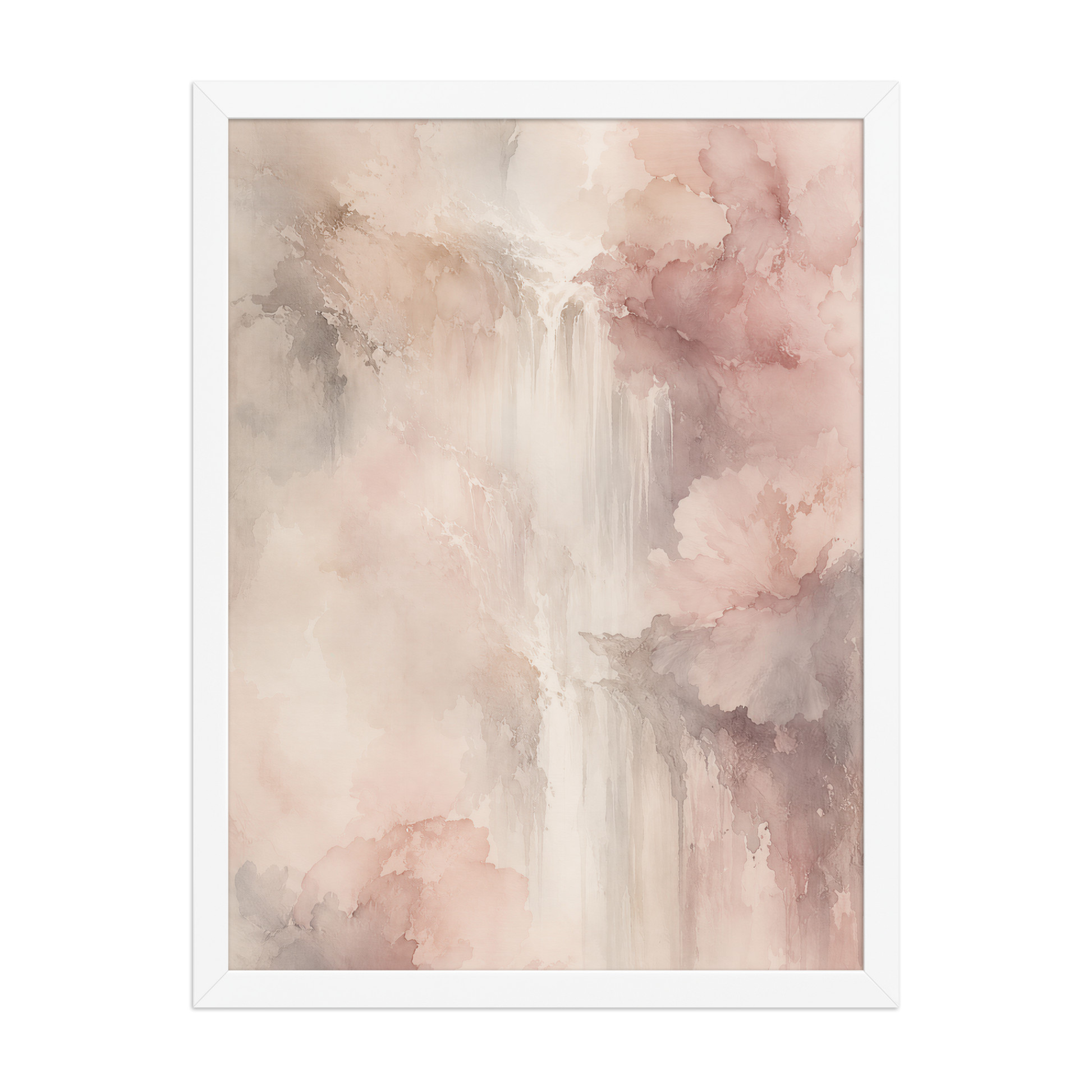 Framed waterfall-inspired poster featuring soft flowing forms in blush pink, warm neutrals, and muted earth tones.
