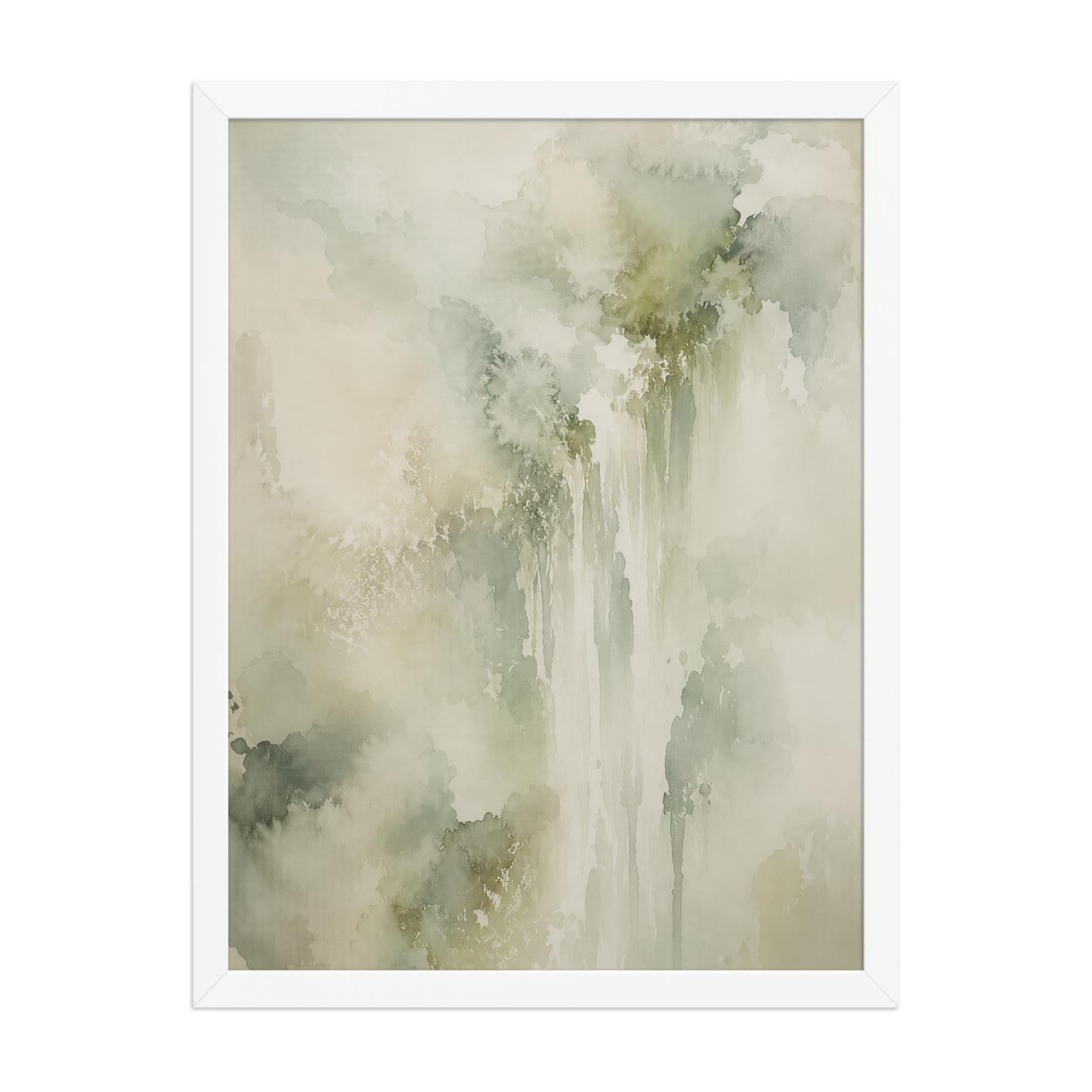 Framed waterfall-inspired poster featuring soft flowing forms in sage green, warm neutrals, and muted natural tones.