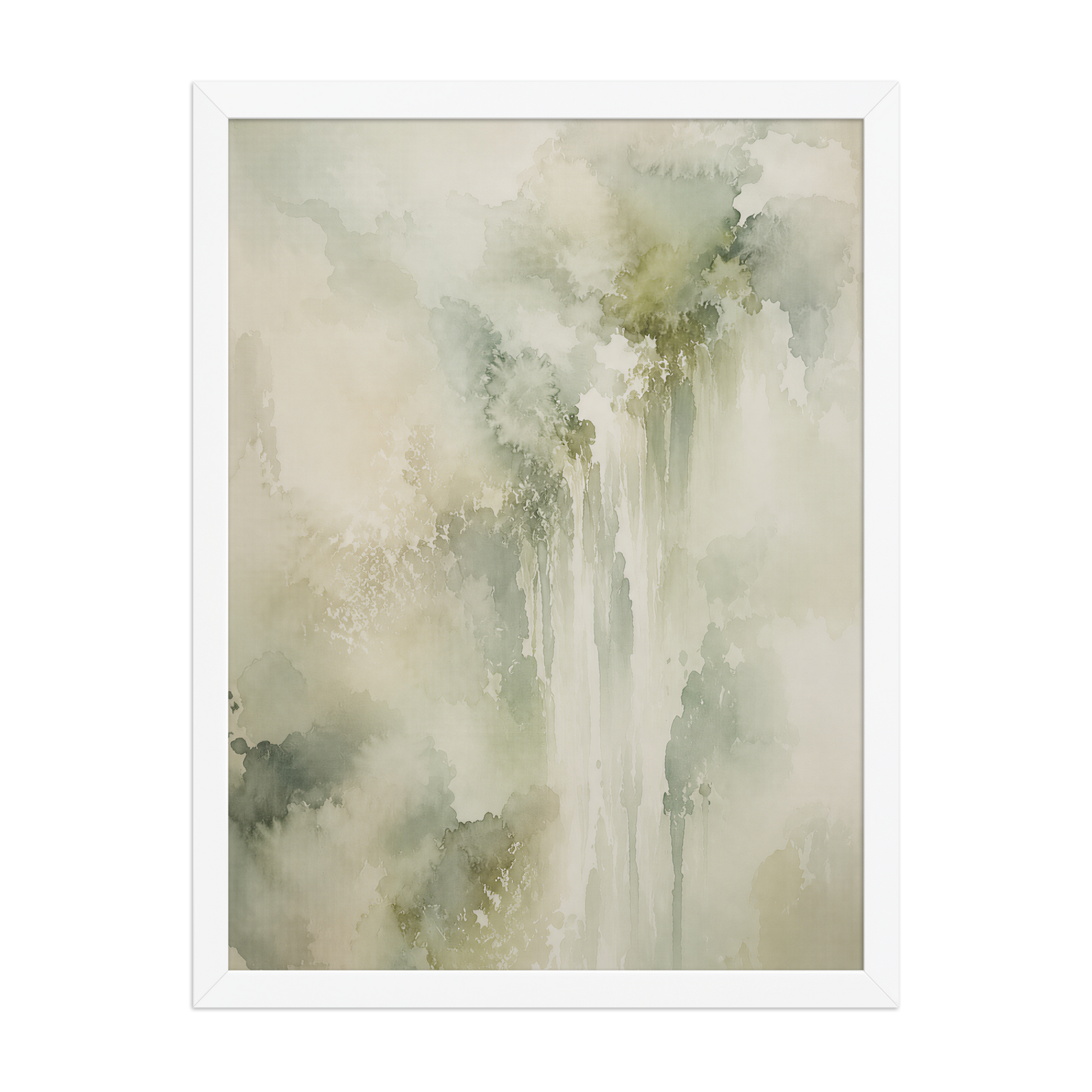 Framed waterfall-inspired poster featuring soft flowing forms in sage green, warm neutrals, and muted natural tones.