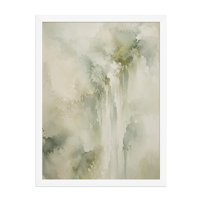 Framed waterfall-inspired poster featuring soft flowing forms in sage green, warm neutrals, and muted natural tones.