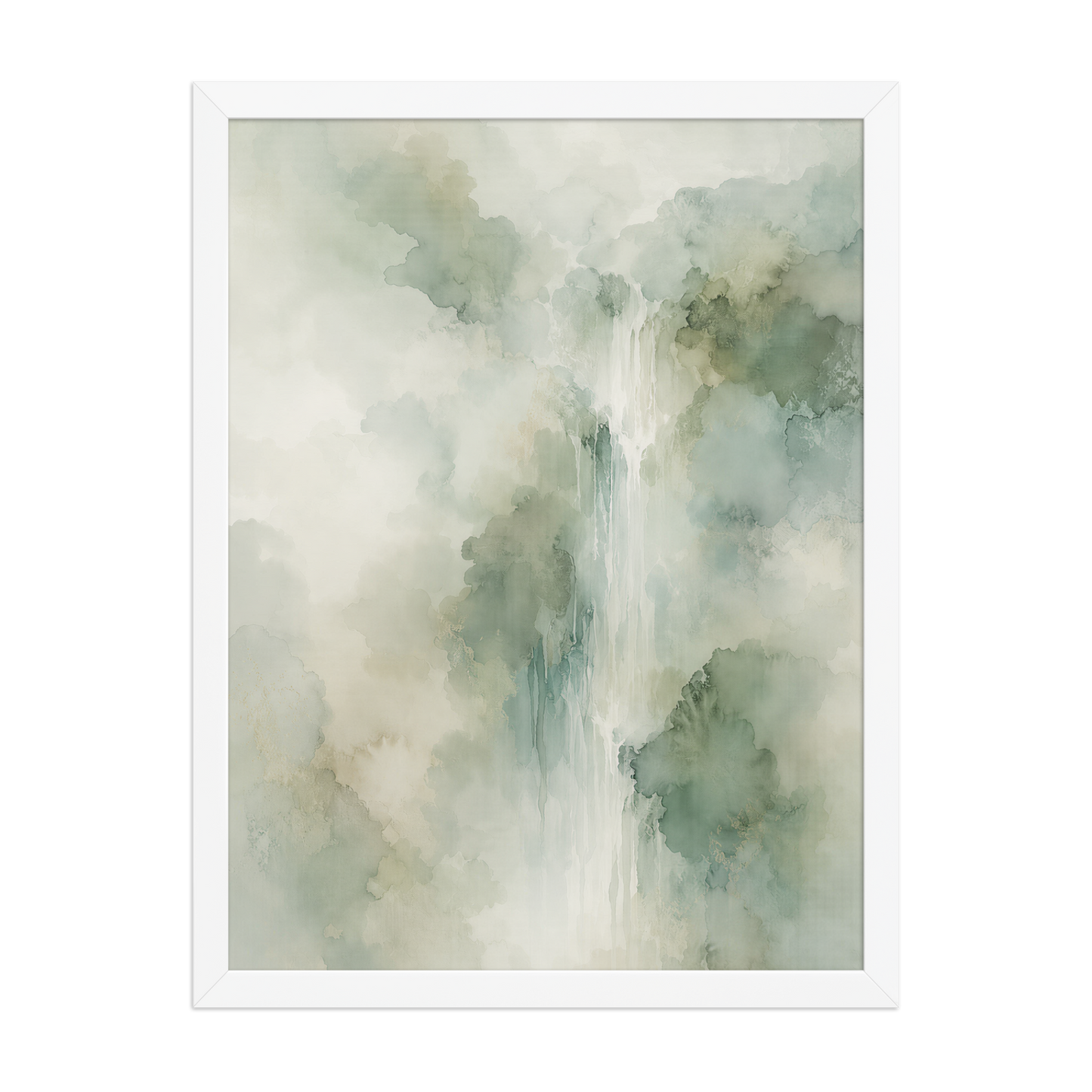 Framed waterfall-inspired poster with soft sage green tones, flowing water, and organic watercolor textures.