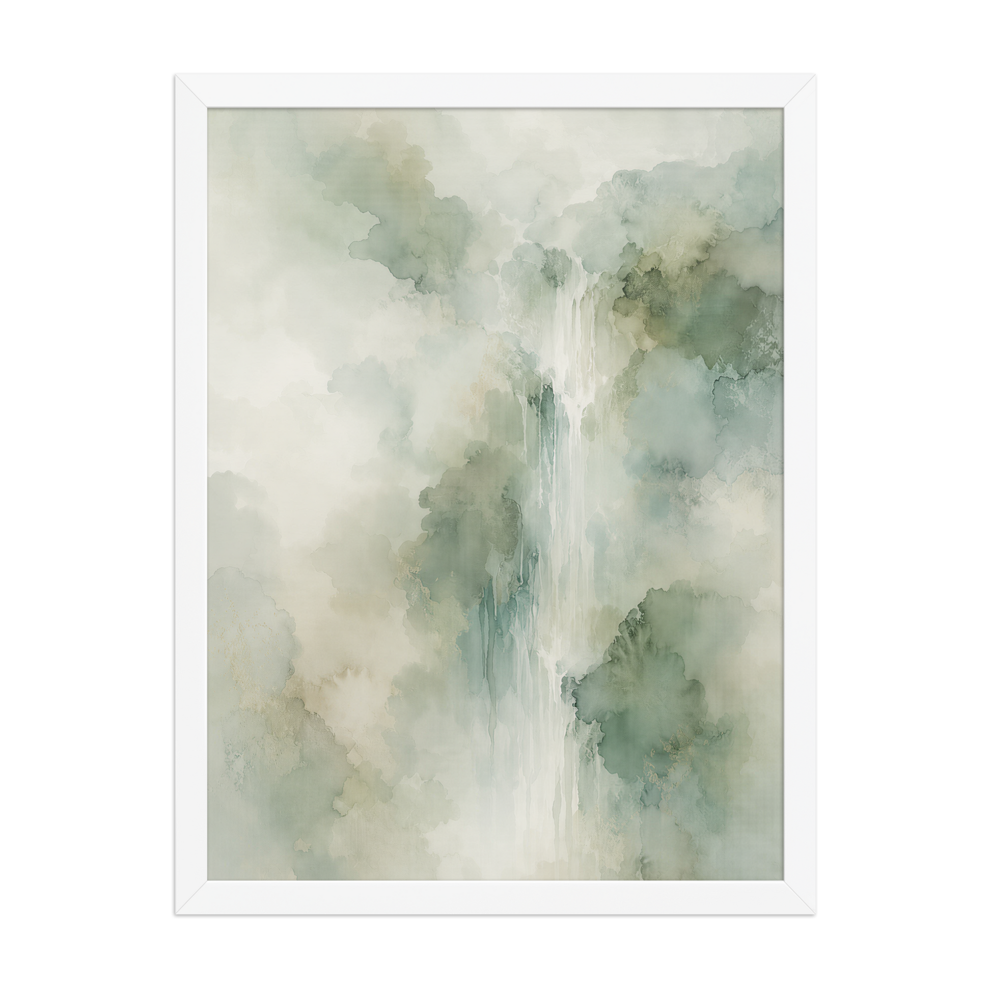 Framed waterfall-inspired poster with soft sage green tones, flowing water, and organic watercolor textures.