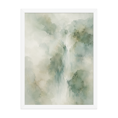 Framed waterfall-inspired poster with soft sage green tones, flowing water, and organic watercolor textures.