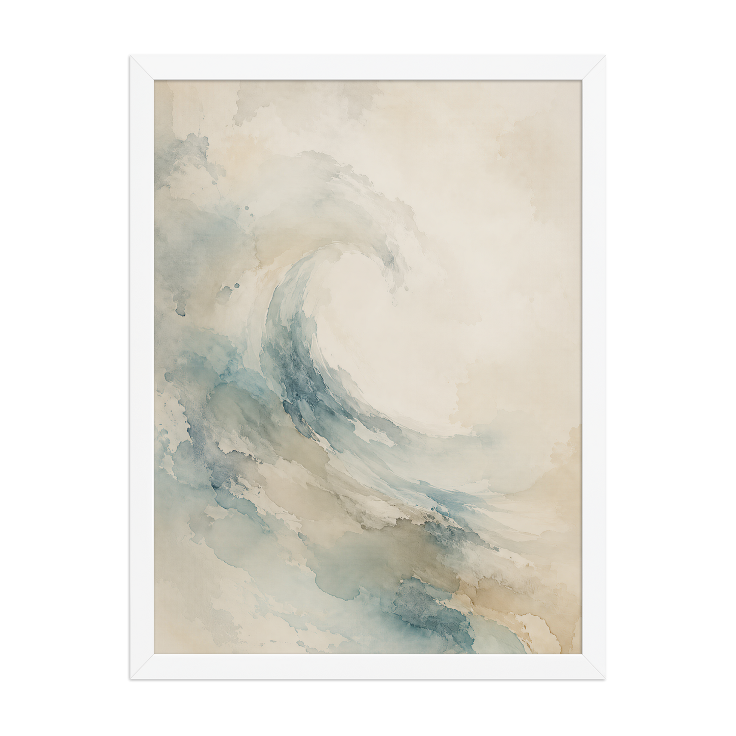 Framed ocean wave-inspired poster with flowing watercolor textures in soft blue, sand, and warm neutral tones.