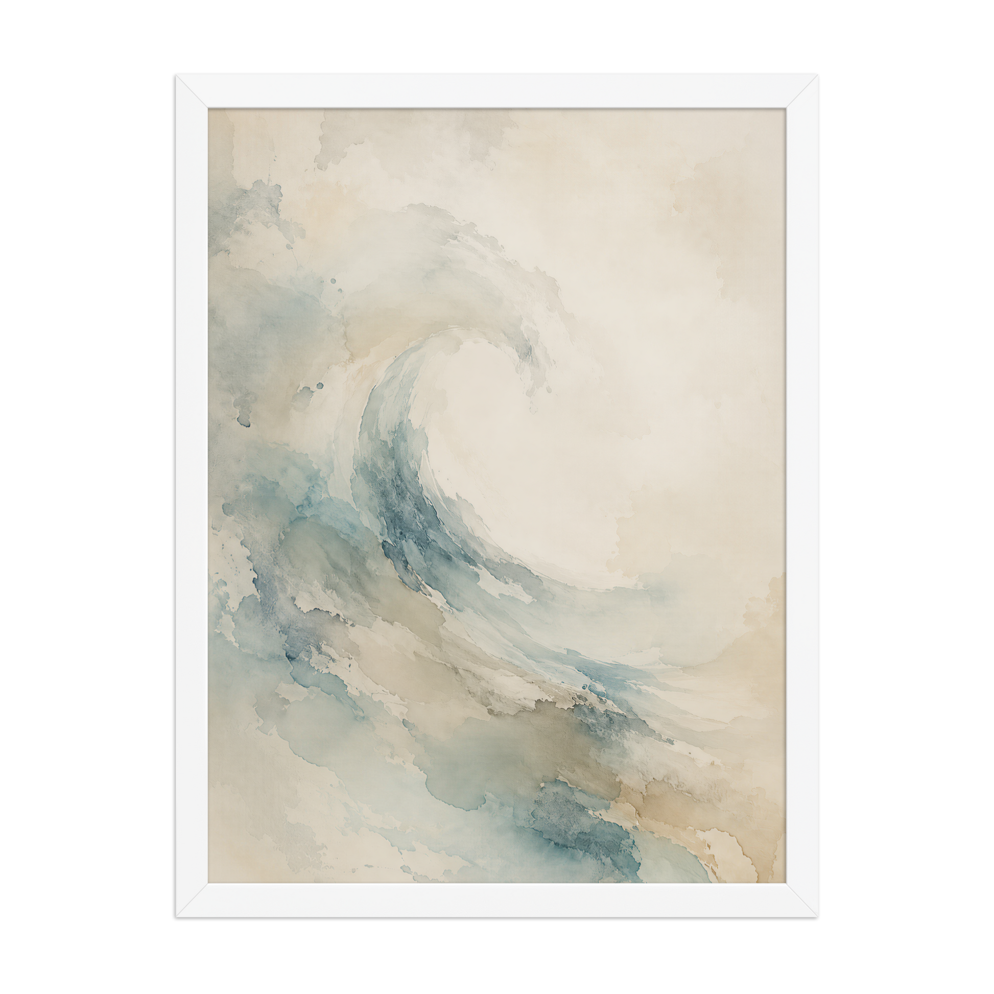 Framed ocean wave-inspired poster with flowing watercolor textures in soft blue, sand, and warm neutral tones.