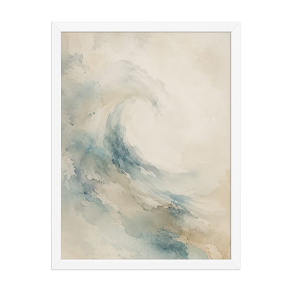 Framed ocean wave-inspired poster with flowing watercolor textures in soft blue, sand, and warm neutral tones.